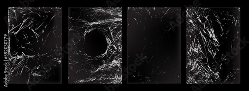 Set of polyethylene texture. Torn effect. Transparent stretched cling film. Overlay grunge texture. Collection of vector background. Crumpled warp plastic. Defect, scuff template. Wrinkled packaging