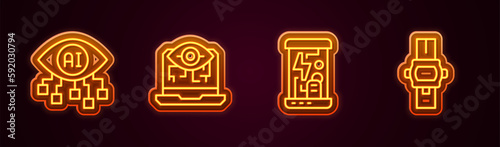 Set line Computer vision, Cryogenic capsules and Wrist watch. Glowing neon icon. Vector