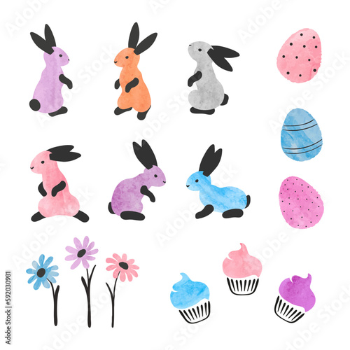 Easter set with colorful rabbits, eggs and flowers. Vector watercolor illustration