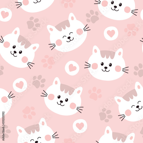 Seamless pattern with cute cats. Cartoon vector illustration with cats, pet paw and hearts on pink background. It can be used for wallpapers, wrapping, cards, patterns for clothes and other.