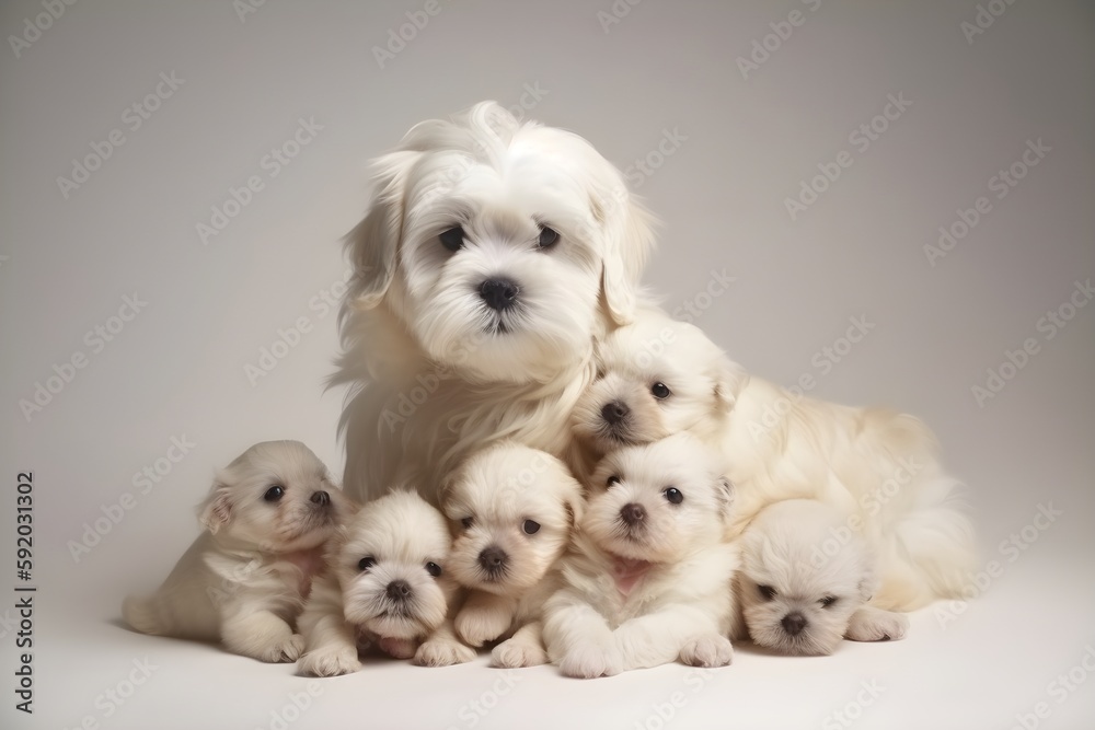 Wallpaper Illustration and background of a dog mother with her cute puppies. Front view. Concept of a pet family. Generative AI. Wallpaper Illustration and background of a dog mother with her cute puppies. Front view. Concept of a pet family. Generative AI.