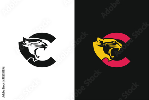 Letter C with panther head illustration in flat design monogram symbol. C panther head icon logo vector.
