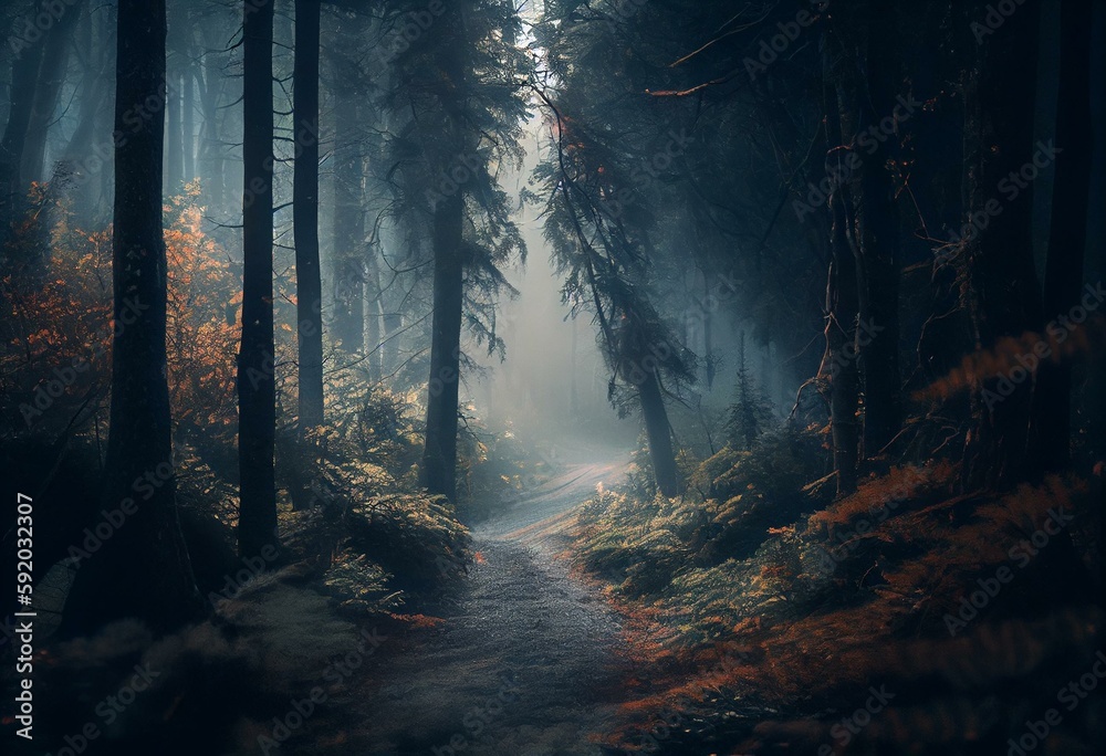 Misty Forest Landscape with Dramatic Atmosphere AI generative. Generative AI