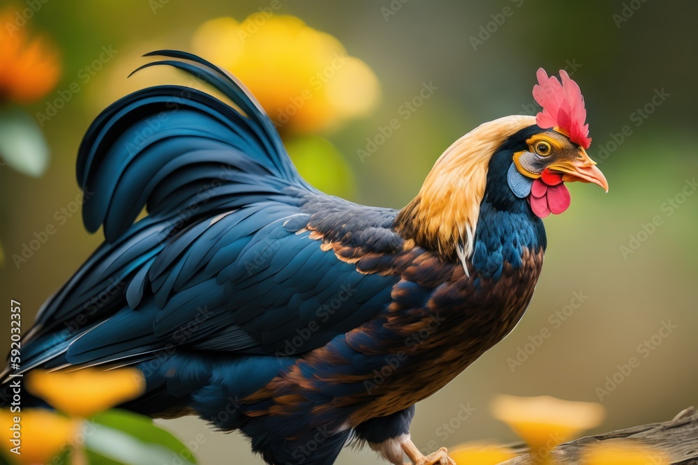Fantasy Chicken in the Rainforest. Wildlife concept of ecological environment. Generative AI