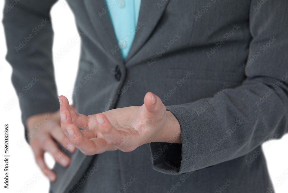 Businesswoman gesturing against white background