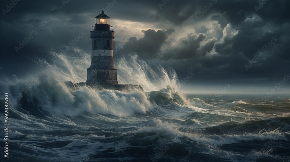 Thunder, lightning and high waves surround a lighthouse. Generative AI.