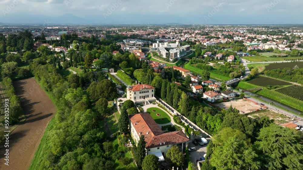 custom made wallpaper toronto digitalVICENZA - APRIL, 2023: Aerial drone view of palladian Villa Capra. Beautiful ancient architecture conceived by Andrea Palladio. Word famous Unesco architectural monument.