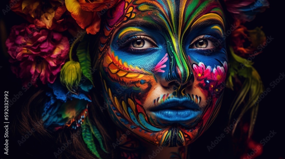 Color face painting, airbrushing and 2D graphic design. Generative AI.