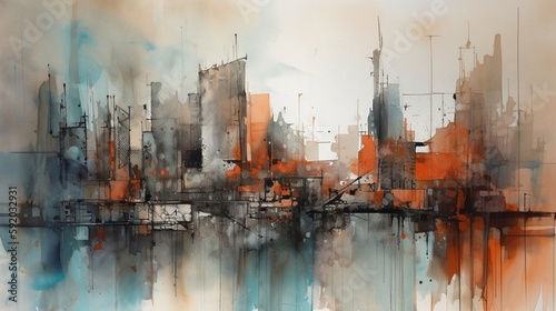 Abstract cityscape in watercolour. Generative AI.