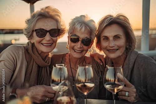 Three alertly women enjoying an evening at a beach club with drinks and oysters