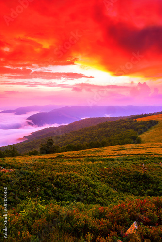 summer foggy scenery, scenic sunset view in the mountains, Carpathian mountains, Ukraine, Europe