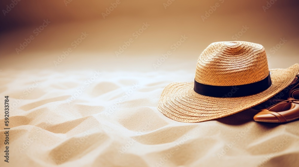 A sunhat and a pair of flip - flops resting on golden sand, leaving ample space above for text, set against a pastel background that captures the warmth and relaxation of a summer. Generative ai. A sunhat and a pair of flip - flops resting on golden sand, leaving ample space above for text, set against a pastel background that captures the warmth and relaxation of a summer. Generative ai.