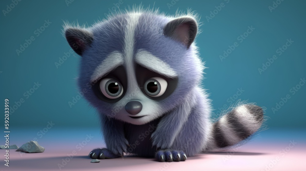 A curious, cute baby raccoon exploring its surroundings with tiny paws, feeling inquisitive and adventurous in a pastel - colored illustration. 3d illustration. Generative ai. A curious, cute baby raccoon exploring its surroundings with tiny paws, feeling inquisitive and adventurous in a pastel - colored illustration. 3d illustration. Generative ai.