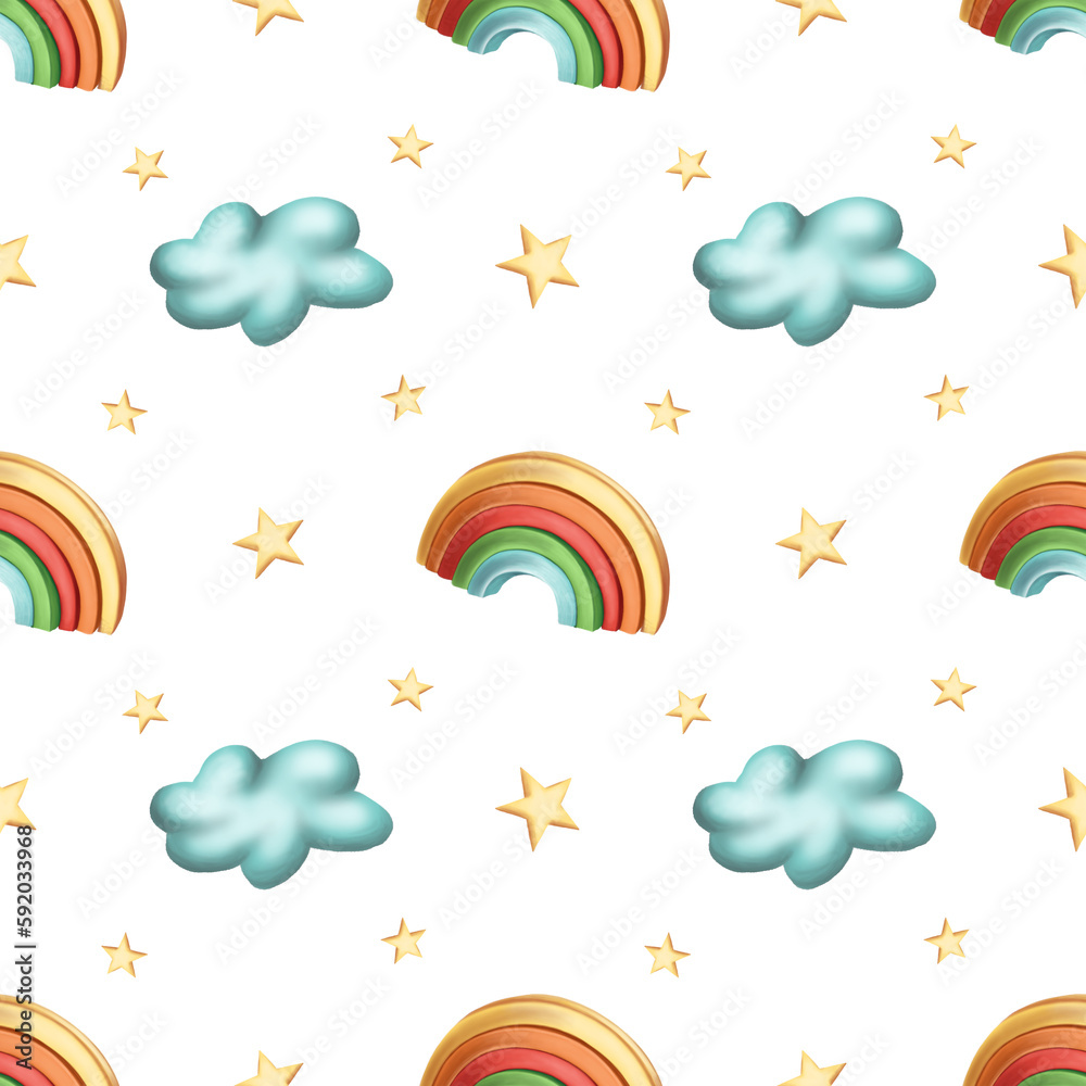Seamless pattern with kids toys, baby toys. Rainbow, cloud, stars. Kids background for textile, wrapping paper in cartoon style Seamless pattern with kids toys, baby toys. Rainbow, cloud, stars. Kids background for textile, wrapping paper in cartoon style