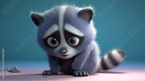 A curious, cute baby raccoon exploring its surroundings with tiny paws, feeling inquisitive and adventurous in a pastel - colored illustration. 3d illustration. Generative ai.