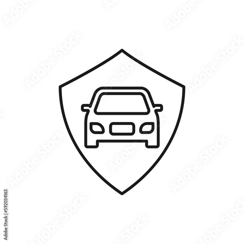 Vehicle with shield. Car insurance line icon isolated on white background. Vector illustration