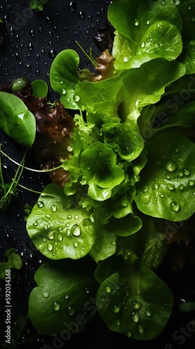 Fresh Lettuce  adorned with small glistening droplets of water. Top down view. Clean sharp focus. Generative AI. 