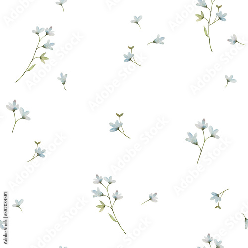 Floral pattern with forget me not flowers, wildlife watercolor print, seamless pattern blue color, delicate illustration on white background.