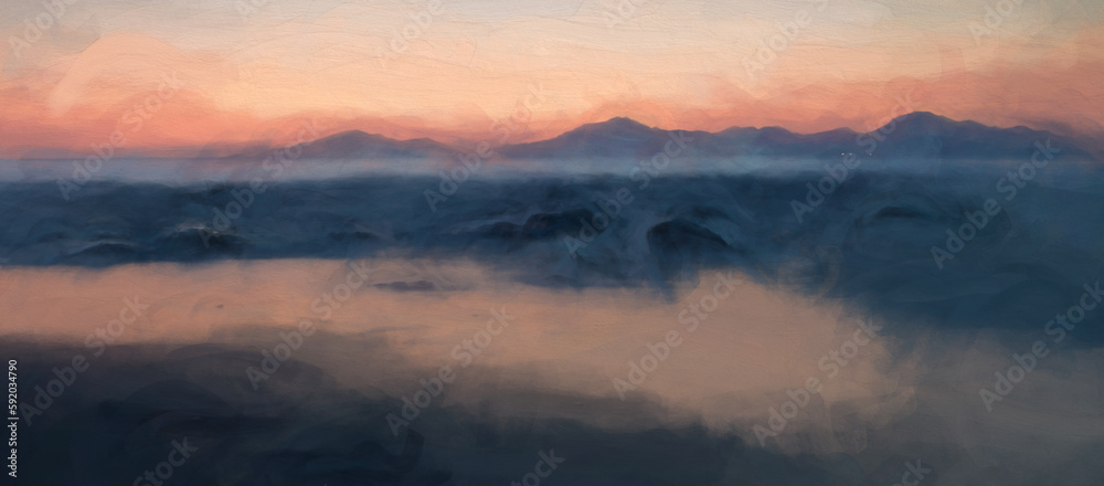 Digital painting of the sea at golden hour, as the sun sets behind the mountains.