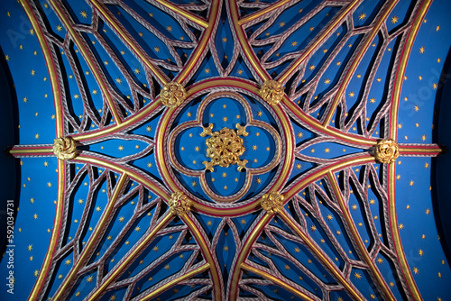 Ceiling of Westminster Abbey with Gothic style. The church is located next to Palace of Westminster in city of Westminster in London, England, UK. 
