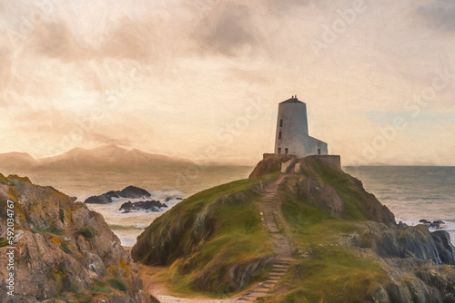 Digital painting of the Llanddwyn island lighthouse, Twr Mawr at Ynys Llanddwyn on Anglesey, North Wales.