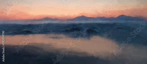 Digital painting of the sea at golden hour, as the sun sets behind the mountains. © Rob Thorley
