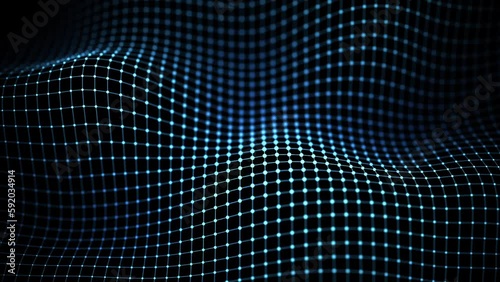 Waves of digital information in motion: big data or neural network abstract visualisation. Digital data transfer - net of glowing dots connected by lines. 3D wireframe cyberspace mesh, dark background