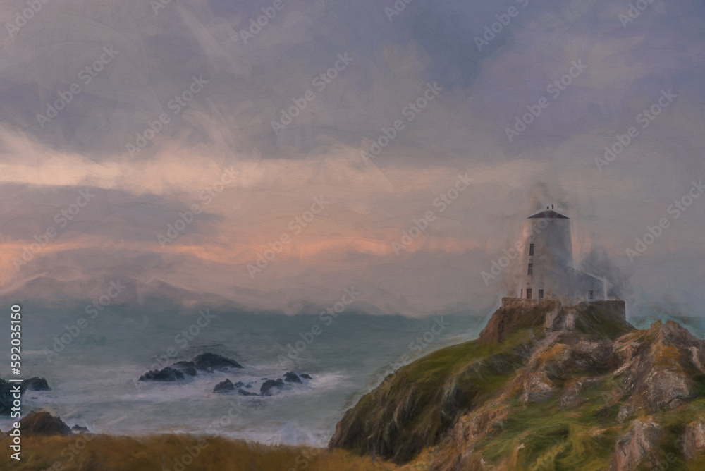 Digital painting of the Llanddwyn island lighthouse, Twr Mawr at Ynys Llanddwyn on Anglesey, North Wales.