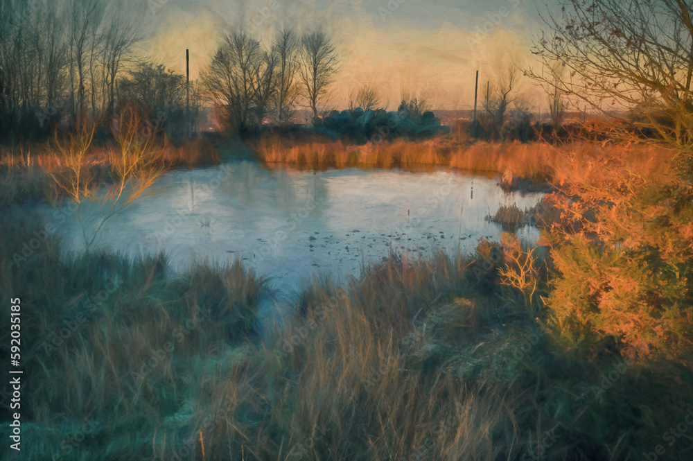 Digital painting of a sunrise on a frozen pond on Wetley Moor, Staffordshire, UK. Digital painting of a sunrise on a frozen pond on Wetley Moor, Staffordshire, UK.