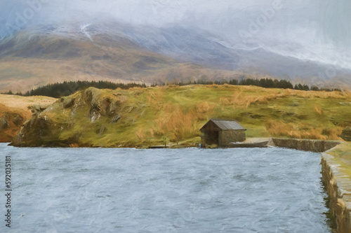 Digital painting of panoramic views of Llyn y Dywarchen, and Snowdon in the Snowdonia National Park, Wales. photo