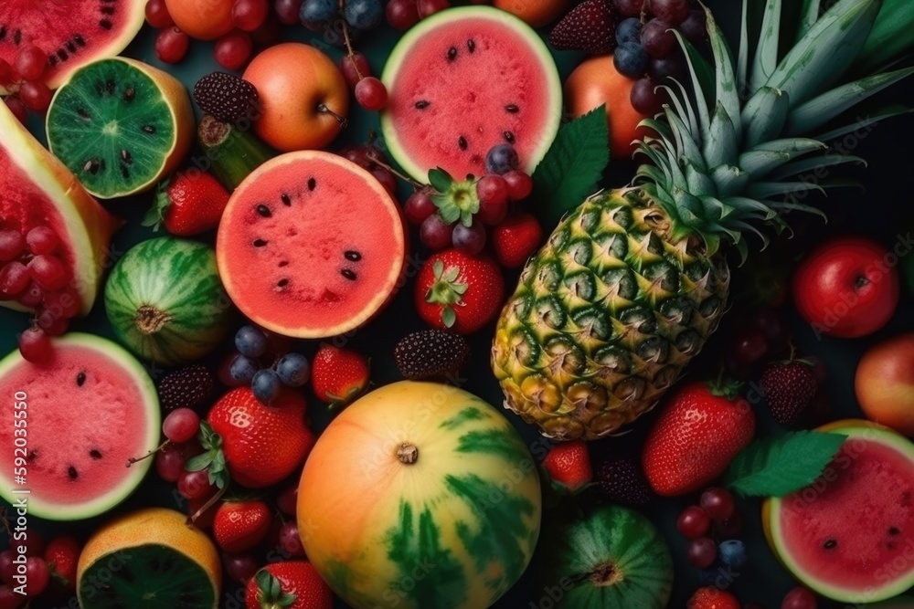 Fruit background with pineapple, watermelon Generative AI