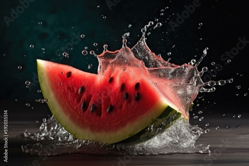 Fresh slices of watermelon flying splashing juice Generative AI