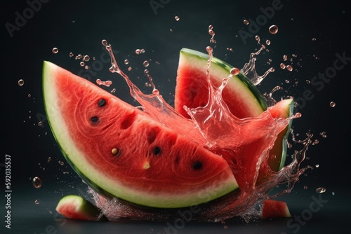 Fresh slices of watermelon flying splashing juice Generative AI