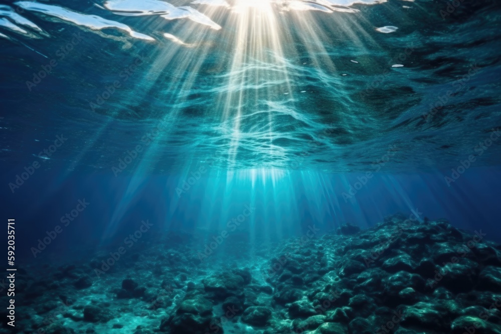 Underwater sea in blue sunlight Generative AI