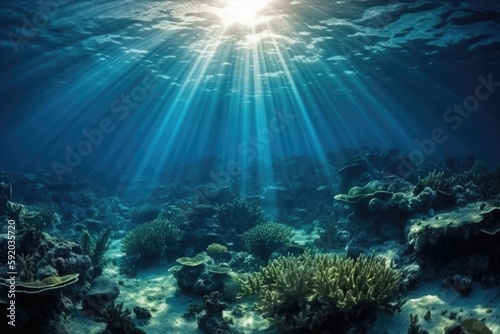 Underwater sea in blue sunlight Generative AI © FryArt Studio