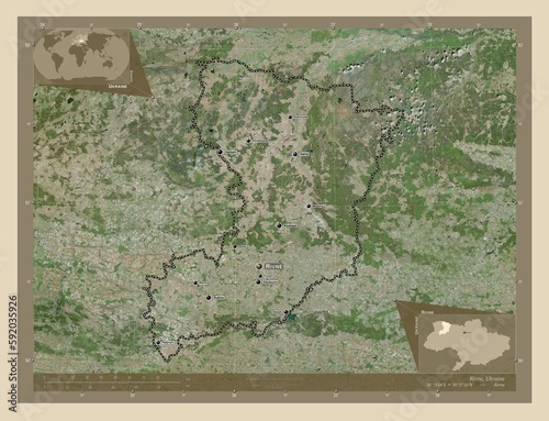 Fototapeta Naklejka Na Ścianę i Meble -  Rivne, Ukraine. High-res satellite. Labelled points of cities