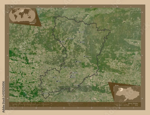 Fototapeta Naklejka Na Ścianę i Meble -  Rivne, Ukraine. Low-res satellite. Labelled points of cities