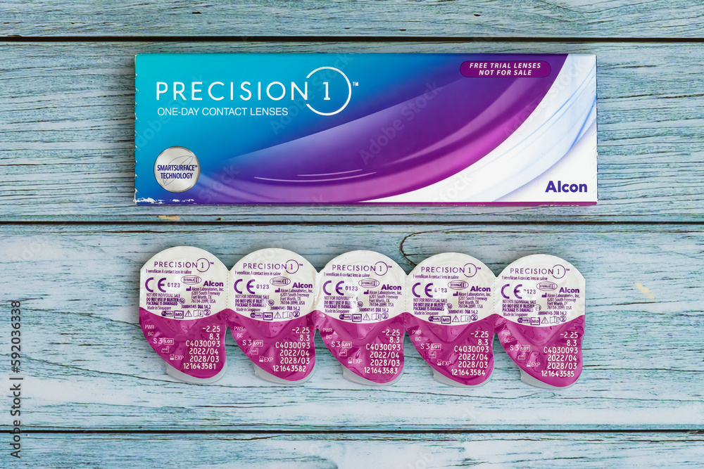 Silicon hydrogel oneday contact lenses in a saline package by Alcon, branded as Precision 1