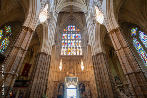 Stained Glass of main nave in Westminster Abbey. The church is UNESCO World Heritage Site located next to Palace of Westminster in city of Westminster in London  England  UK.