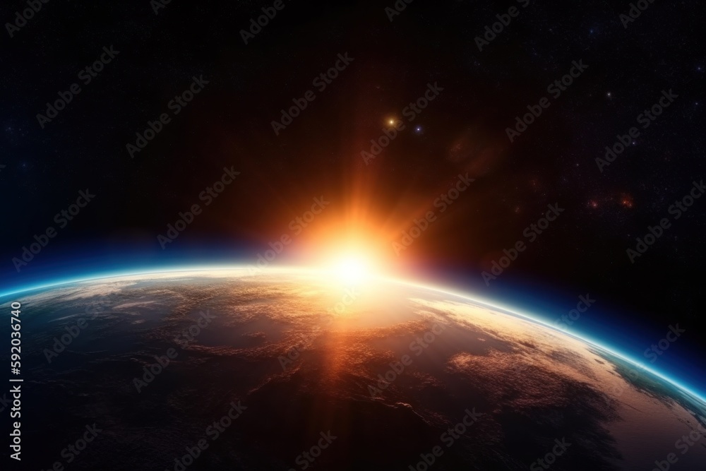 Space beautiful sunrise. Near space view above planet. Panoramic view of the Earth. Generative AI abstract astronomy banner