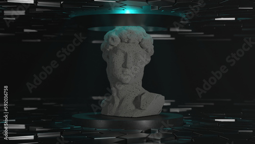 3d rendering of a fantastic studio with chaotic metal hexagons and a pedestal. On the pedestal is a statue, the head of David made of stone. The idea of creating artificial intelligence technologies.