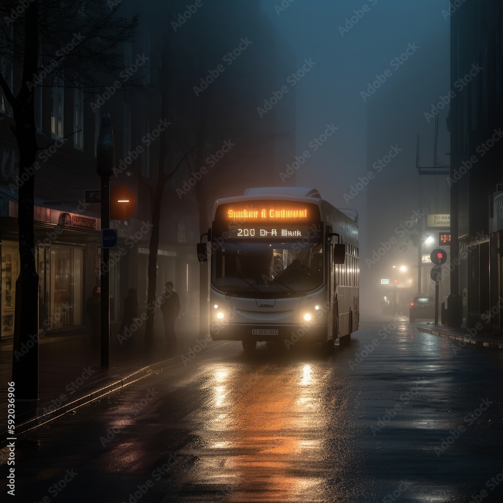 city bus in the fog