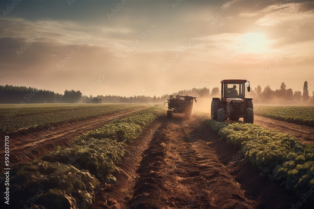 Fototapeta premium Capturing the process of harvesting vegetables with the help of machinery, set against a backdrop of neatly organized rows of crops on a picturesque farm. Generative AI