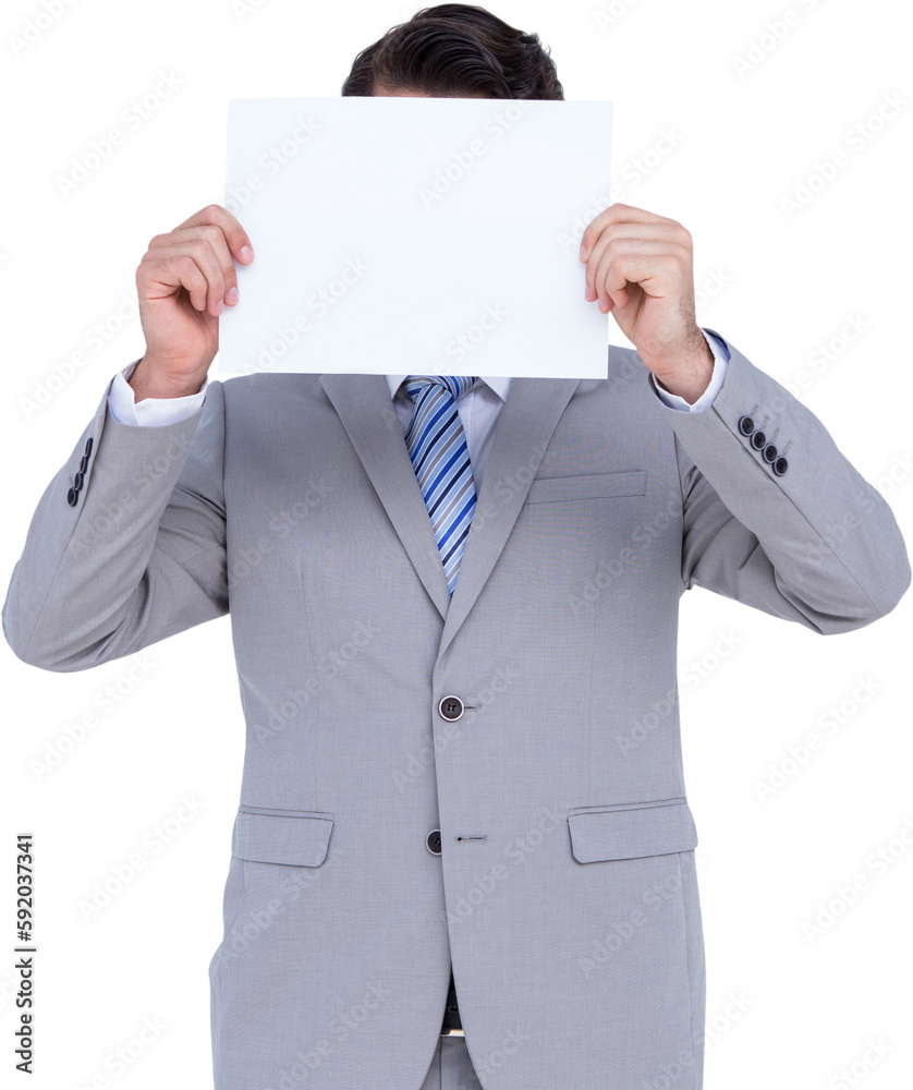 Businessman holding blank sign in front of his head Businessman holding blank sign in front of his head