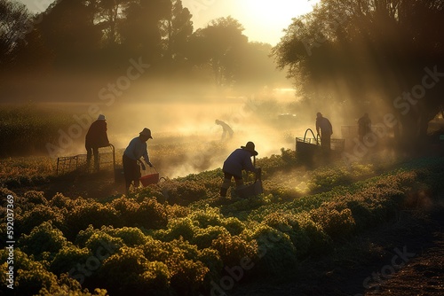 A serene  early morning vegetable harvest  capturing the dew-covered plants  the soft  golden light of sunrise  and the peaceful atmosphere of a farm before the day work begins. Generative AI.
