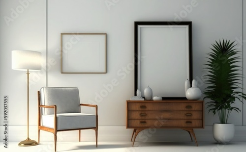 Blank wooden picture frame mockup on wall, Empty picture frame mockup on a wall vertical frame mockup in modern minimalist interior © printartist