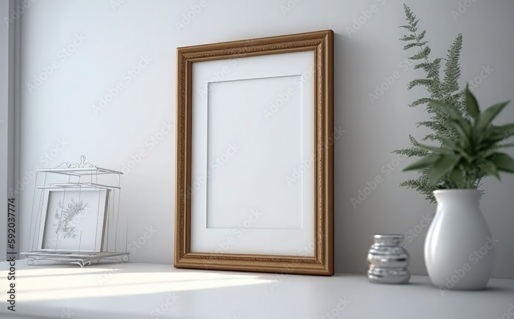 Blank wooden picture frame mockup on wall, Empty picture frame mockup on a wall vertical frame mockup in modern minimalist interior Blank wooden picture frame mockup on wall, Empty picture frame mockup on a wall vertical frame mockup in modern minimalist interior