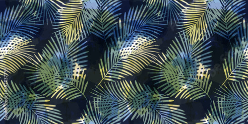Watercolor palm leaves seamless vector pattern. Exotic leaves background, textured jungle print