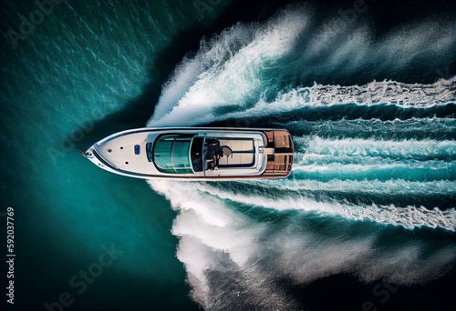 Aerial view of the speed boat in the sea clear blue water ,Generative AI