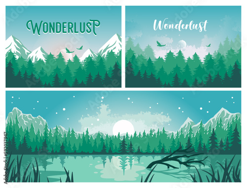 Landscape setof national park for adventure, wanderlust or explorer outdoor. Nature design with background set of forest and mountain for camping